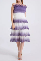purple gradient pleated ruffle trim layered mini dress