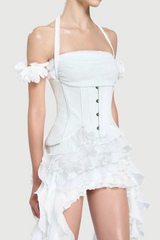 elva halter three-dimensional flower irregular tassel mini dress in white