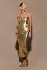 alisa Strapless Sequin Rose Midi Dress in Gold