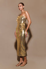 alisa Strapless Sequin Rose Midi Dress in Gold