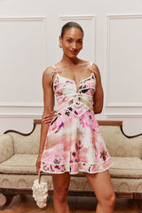 Lace-trimmed V-neck floral print mini dress - pink