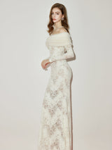 julia Off-Shoulder Fur Collar Long Sleeve lace maxi dress in white