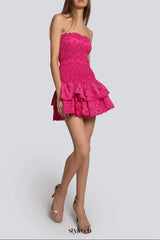 eyelet layered strapless mini dress in fuchsia
