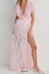 ruffle tulle atop floral lace mini dress in pink