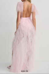 ruffle tulle atop floral lace mini dress in pink