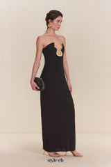 signature gold hardware cutout strapless column gown in black