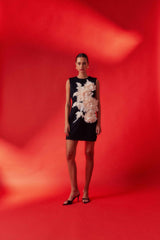 mandy 3d flower embellished Mini Dress in Black