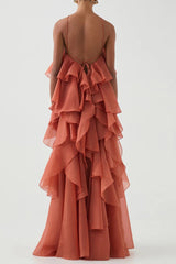 Off-Shoulder Ruffle Layered Maxi Dress In Coral Clay