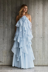 off-shoulder ruffle Layered Maxi Dress in blue