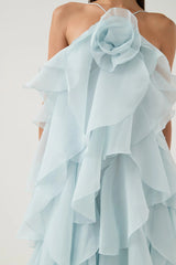 off-shoulder ruffle Layered Maxi Dress in blue