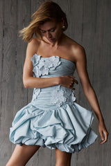 moira floral strapless Puffy mini dress in blue
