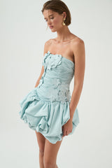 moira floral strapless Puffy mini dress in blue
