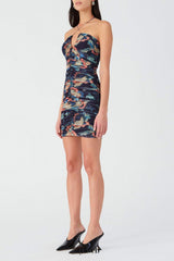 multicolor floral print pleated Bodycon Mini Dress