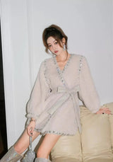 Beige V-Neck Long Sleeve Diamond Stud Coat