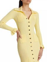 Rib-Knit Fluted Midi Shirt dress in yellow