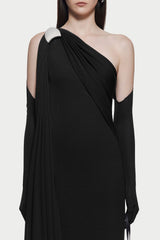 xaviera one-shoulder pleated backless maxi dress in black