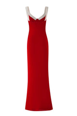 red Bustier maxi dress with a v-neckline