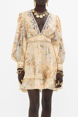 multicolor floral print v-neckline silk layer mini dress