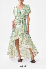 green-multi Printed ruffled V-neck irregular hem silk maxi dress