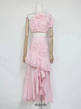 nina Ruffled strapless top floral embroidered mermaid skirt set - pink