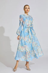 tiffany pale blue floral Printed puff sleeve Maxi Dress