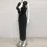 ruffled top with gold accents maxi dress