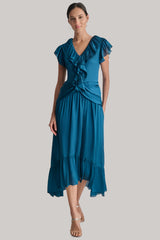 Ruffled Crinkle-Textured Maxi Dress in dark blue