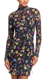 Puckered Lace mini Dress in Black Multi