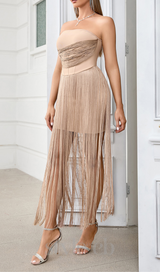 PENELOPE TULLE STRIPED EMBELLISH STRAPLESS APRICOT MIDI DRESS