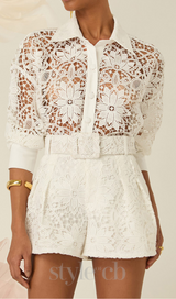 hollow cut lace shirt shorts two pieces set in white