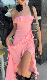 STRAPLESS RUFFLE MAXI DRESS IN PINK