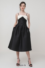 Bow-Detail Taffeta Midi Dress in black