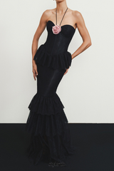 Lace Tiered flower Strapless Maxi Dress in black