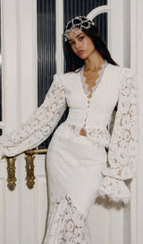 emily Lace Trimmed Puff Sleeved Top & Fishtail Skirt Set in white