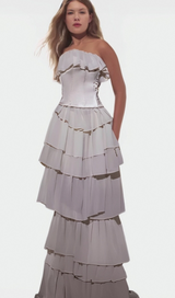 STRAPLESS RUCHED MESH MAXI DRESS IN WHITE