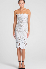 OFF-SHOULDER WHITE FLORAL LACE MIDI DRESS