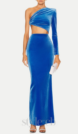 Gianni One Shoulder Velvet Cutout Maxi Dress