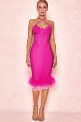 ROSE RED OSTRICH FEATHER HALTER NECK BACKLESS TIGHT DRESS