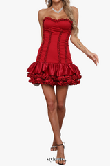 sally ruffle trim strapless mini dress in red
