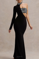 crystal embellished One-Sleeve Cut-Out Maxi Dress in black