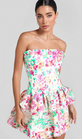 WHITE FLORAL RUCHED STRAPLESS MINI DRESS