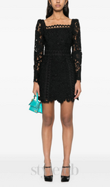 floral-motif hollow lace mini dress in black