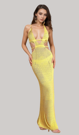 BIRIDI HALTER SHEER KNIT DRESS IN YELLOW
