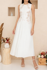 nancy lace embroidery pleated midi dress in white