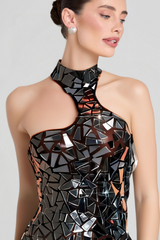 ACRYLIC EMBELLISHED MINI DRESS IN BLACK