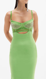 GREEN BEADING BANDAGE MIDI DRESS