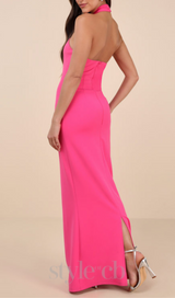 halter neck backless maxi dress in pink