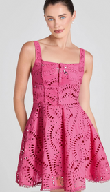 EMBROIDERED HOLLOW MINI DRESS IN HOT PINK