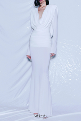 long sleeve draped cowl neck maxi dress in white