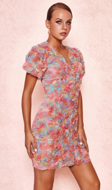 FAWN FLOWER EMBROIDERY BUTTON MINI DRESS IN PINK